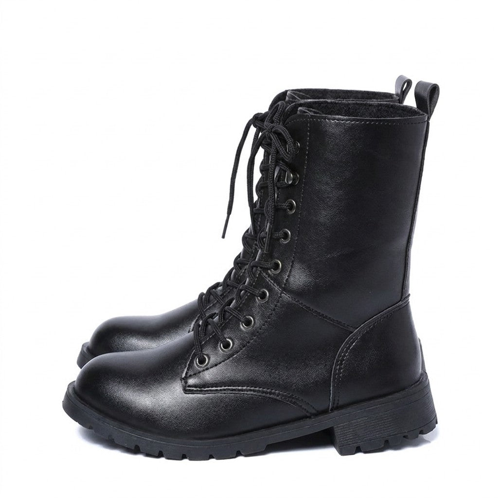 Pair of black Lysandra leather lace up boots with lug soles, side view on white
