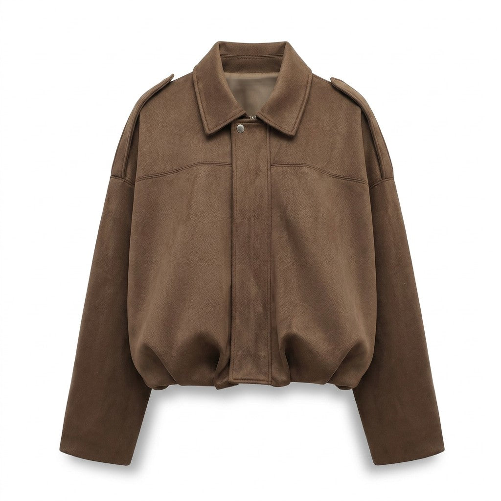Brisa oversized suede bomber jacket in Brown, front view on white with gathered balloon hem