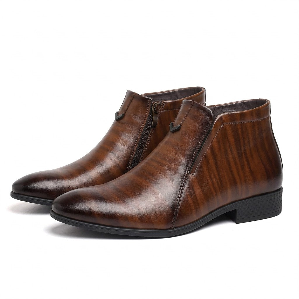 Pair of brown wood-grain burnished Ivo men's leather dress ankle boots on white, side view