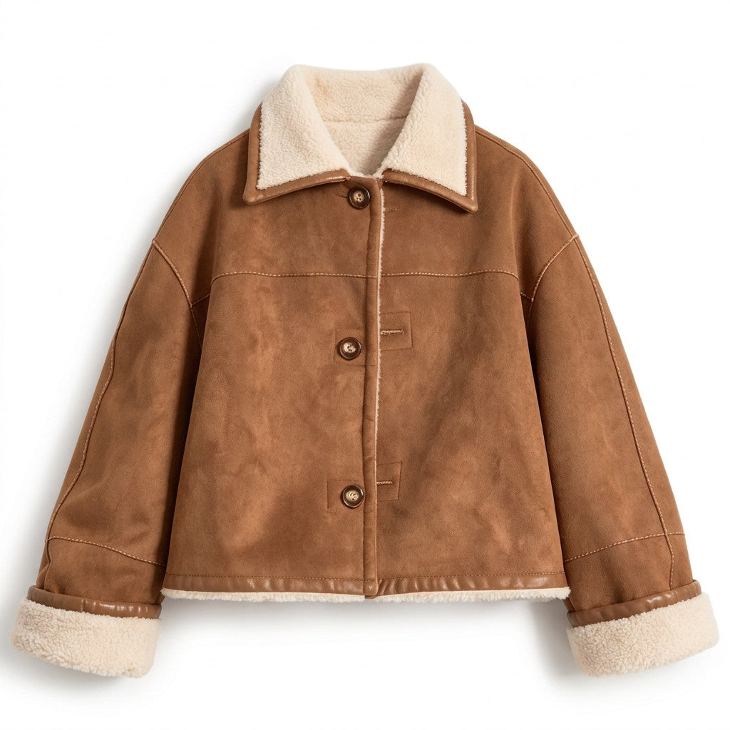 Greta tan suede shearling jacket on white, front view with cream shearling collar and turned-back cuffs