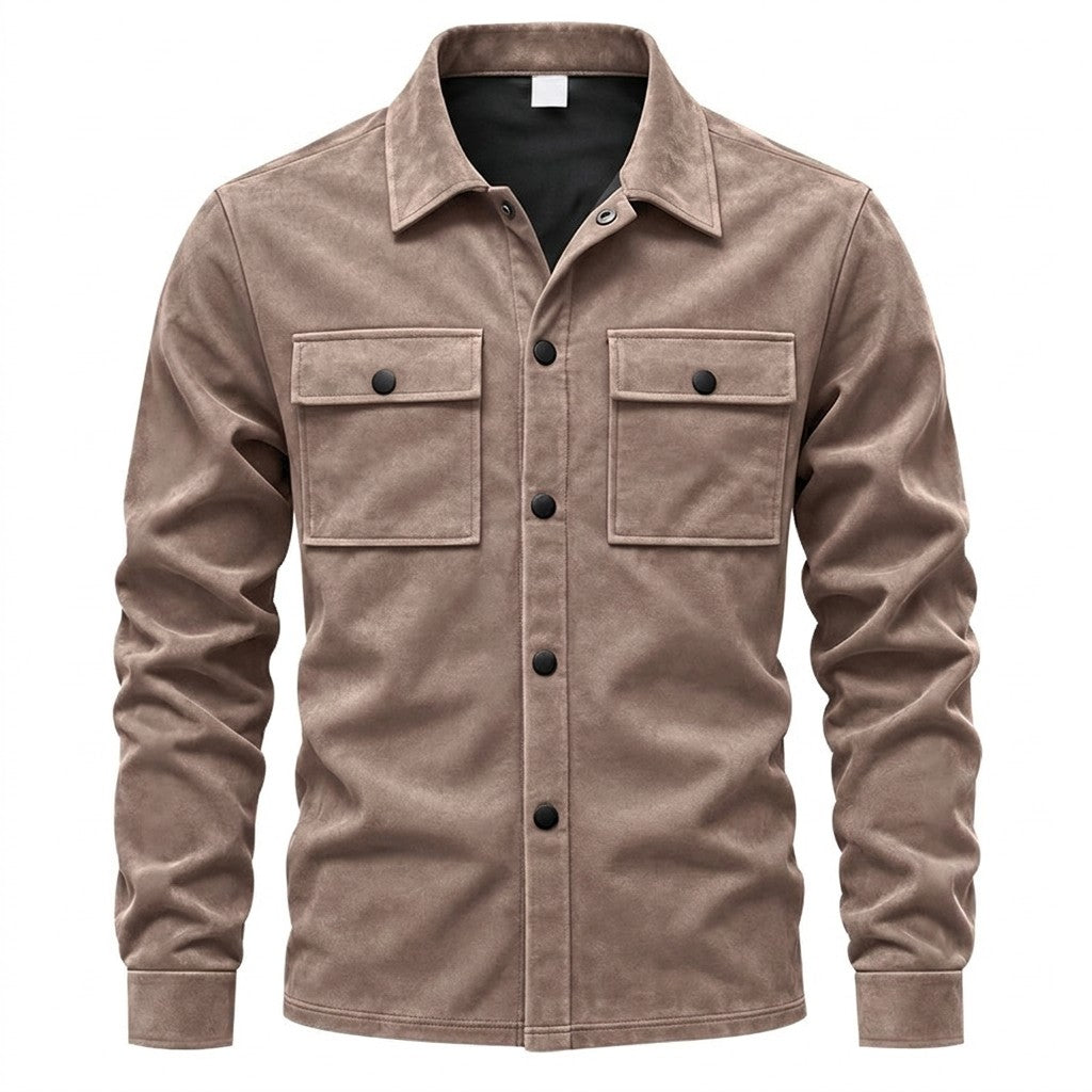 Dorian men's suede shirt jacket in taupe, front view on white with two flap chest pockets