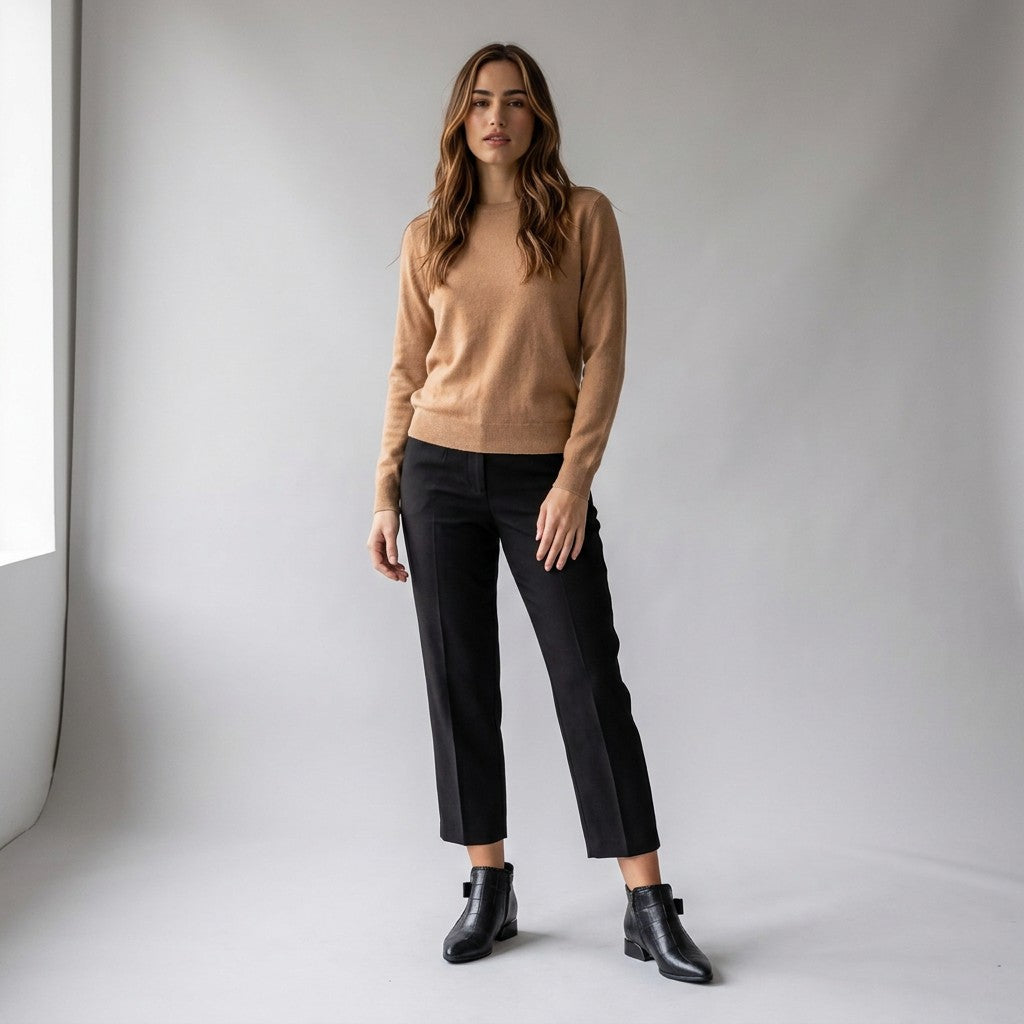 Model wearing black Tamsin pointed ankle boots with cropped black trousers and a camel jumper