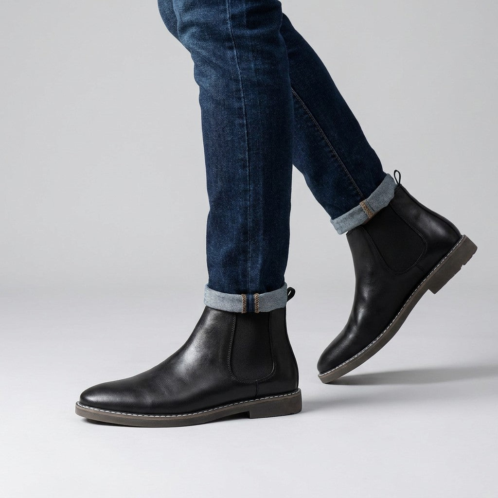 Falk black Chelsea boots worn with turned-up jeans, walking side view