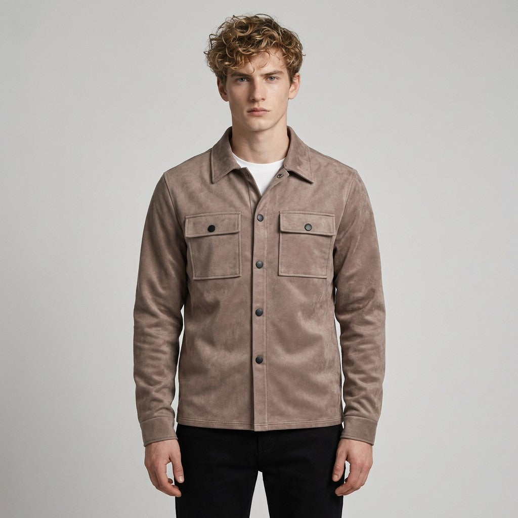 Model wearing the taupe Dorian suede overshirt snapped up over a white T-shirt