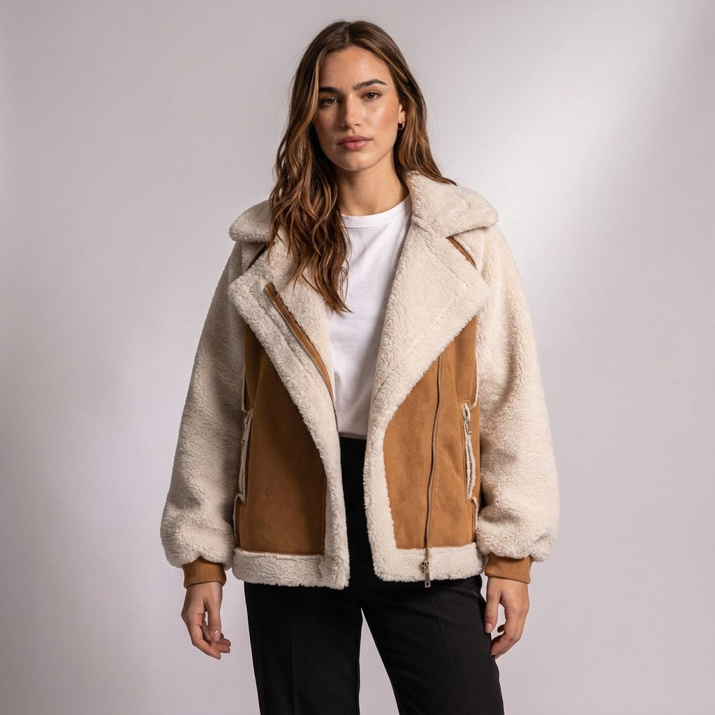 Model wearing the Tan Fenna aviator jacket open over a white T-shirt with black trousers