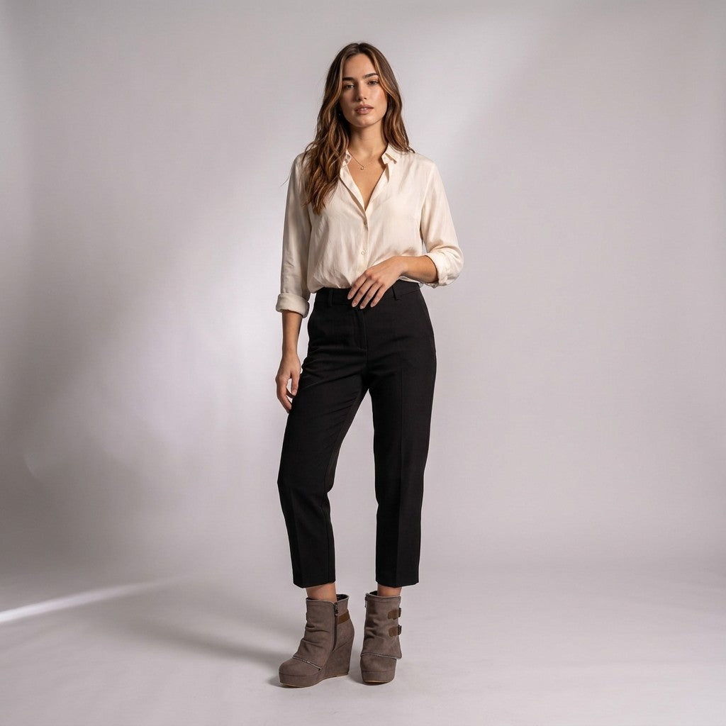 Model wearing taupe Saskia wedge ankle boots with black cropped trousers and an ivory silk blouse