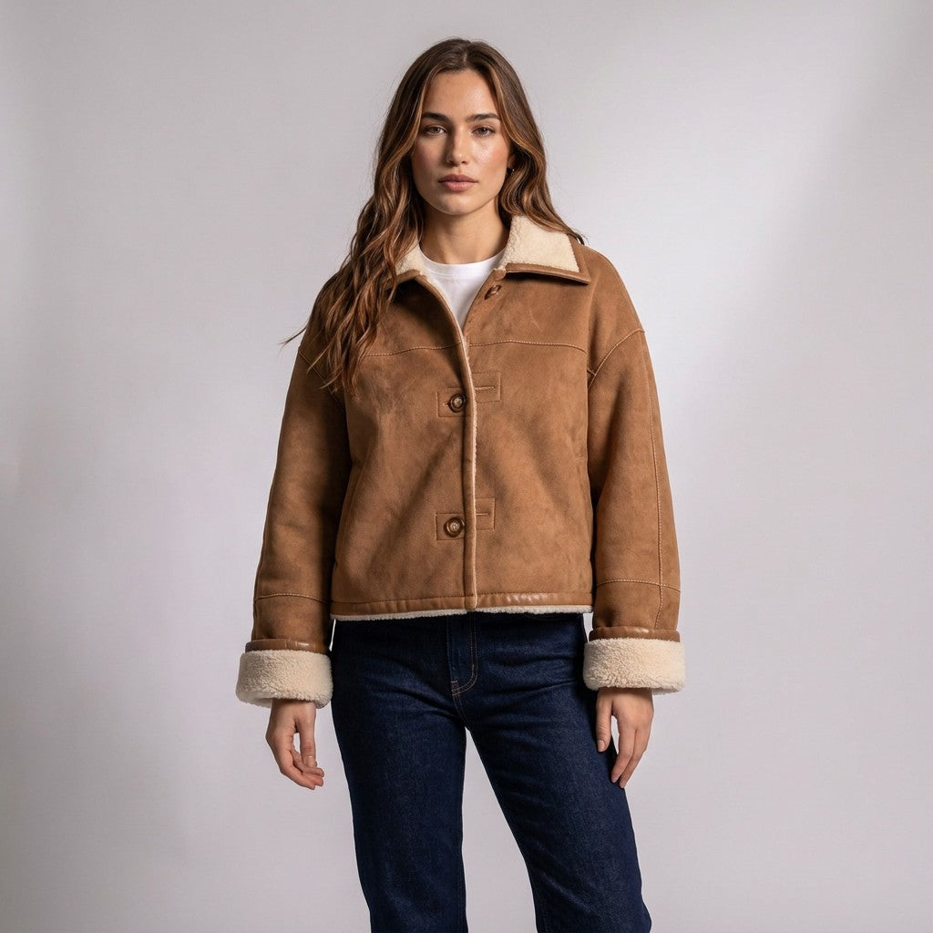 Model wearing the Greta suede shearling jacket buttoned over a white T-shirt with dark jeans