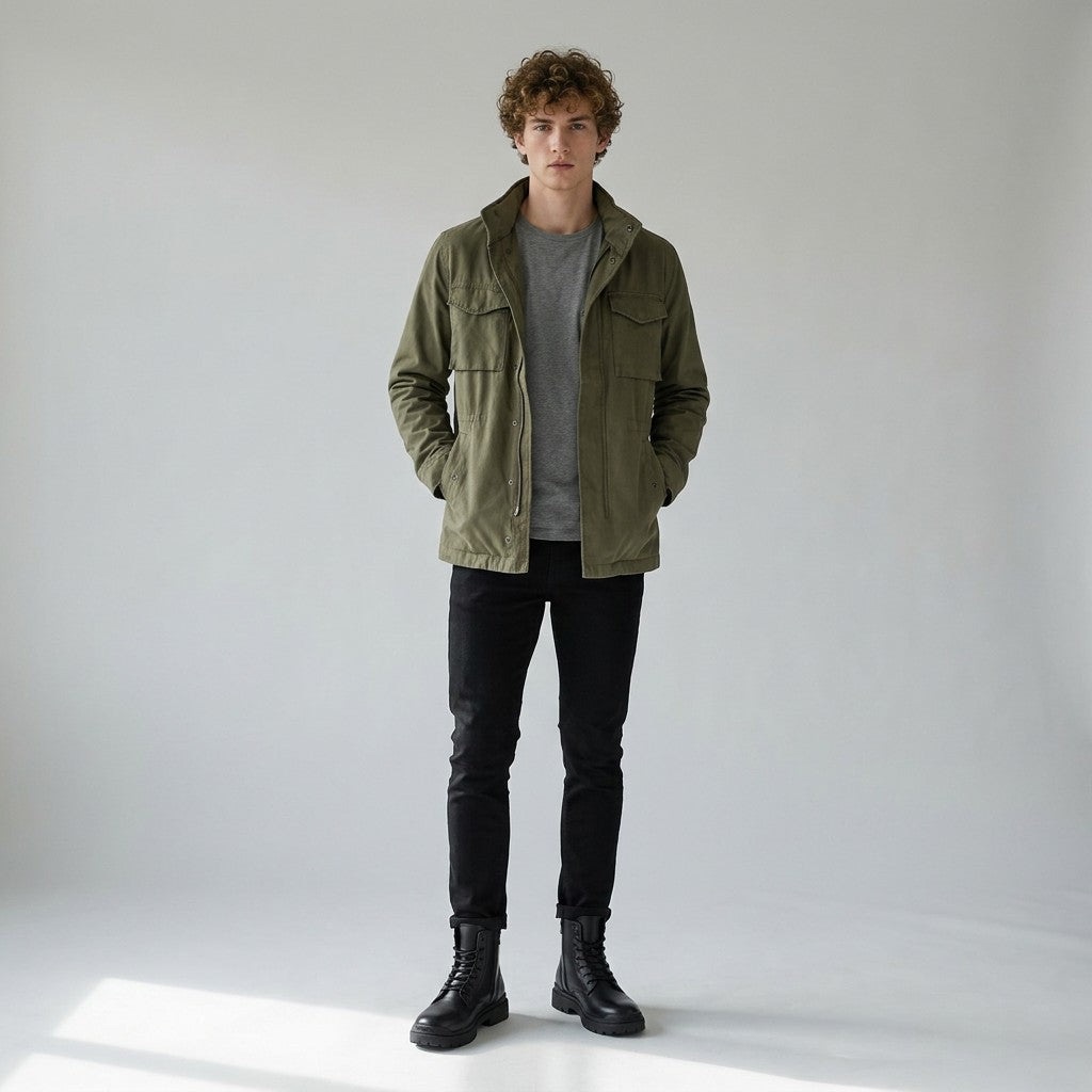 Model in an olive field jacket and black jeans wearing Matthis black work boots