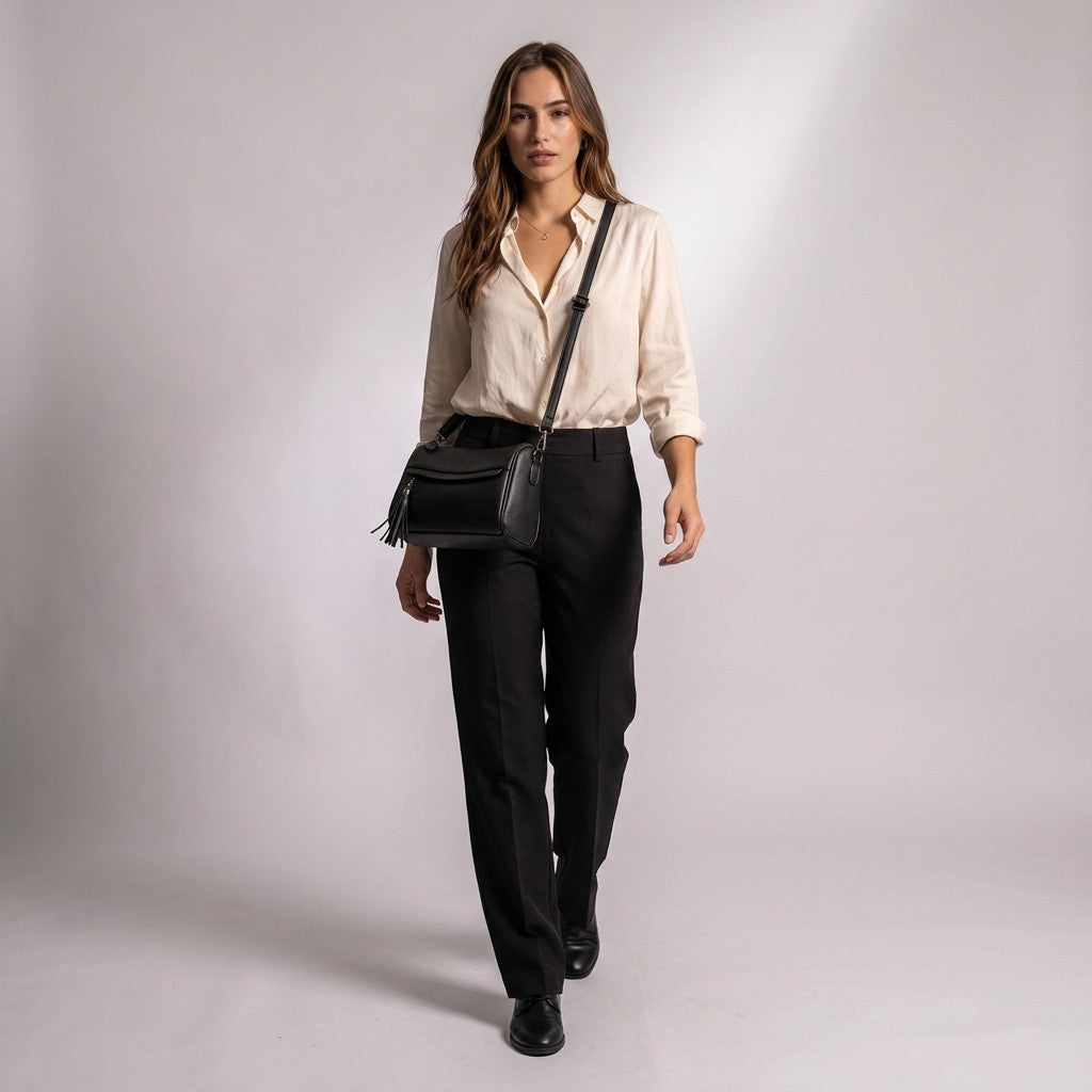 Model walking in the studio with the Odalys black leather crossbody bag at her hip