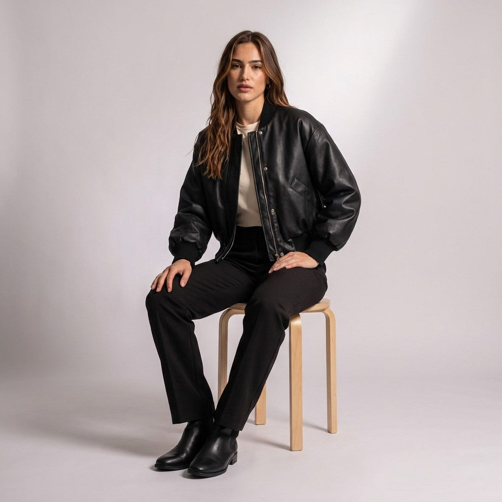Model seated on a wooden stool in the Aurelia cropped leather bomber and black trousers