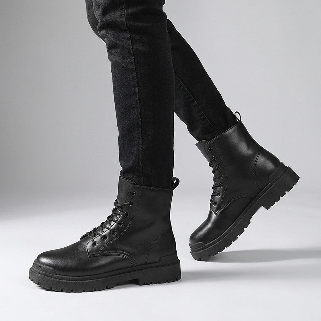 Matthis black lace-up boots mid-stride with slim black jeans