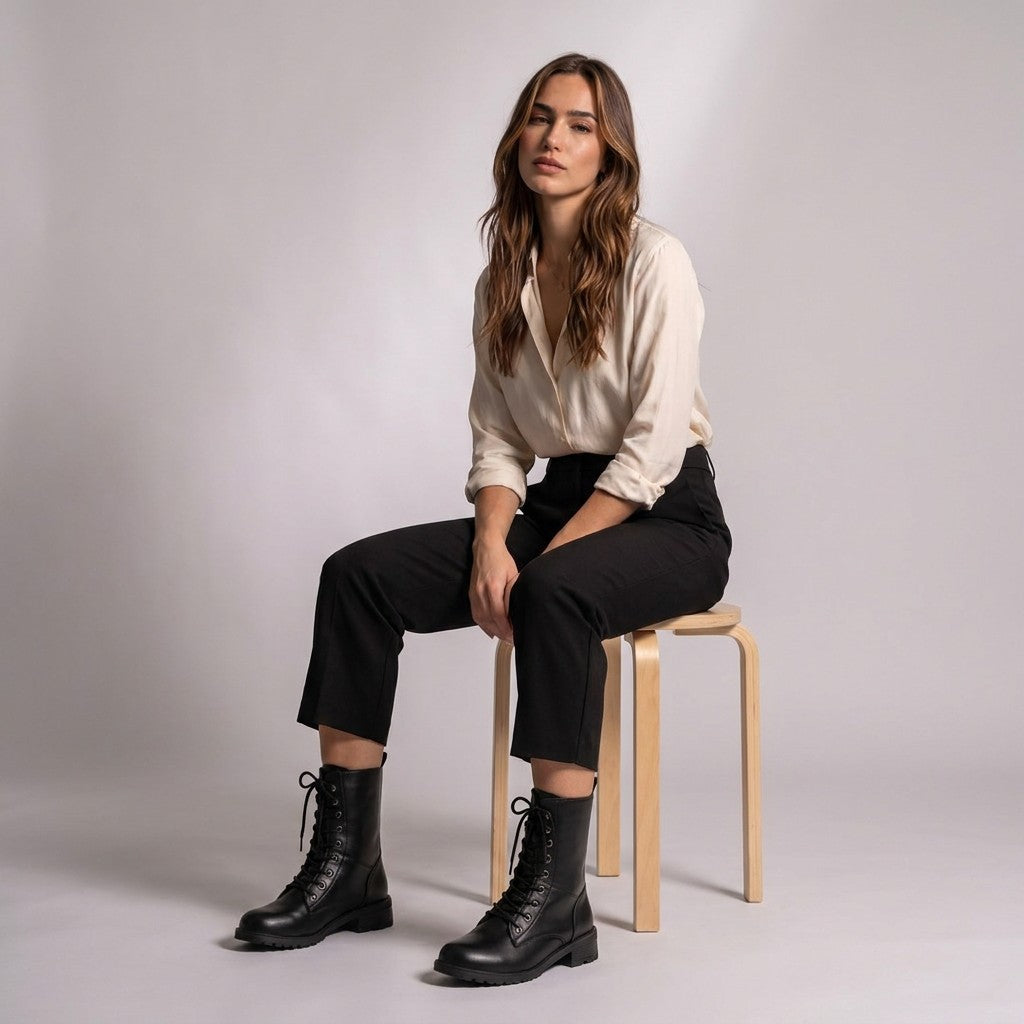 Model seated on a wooden stool wearing black Lysandra combat boots