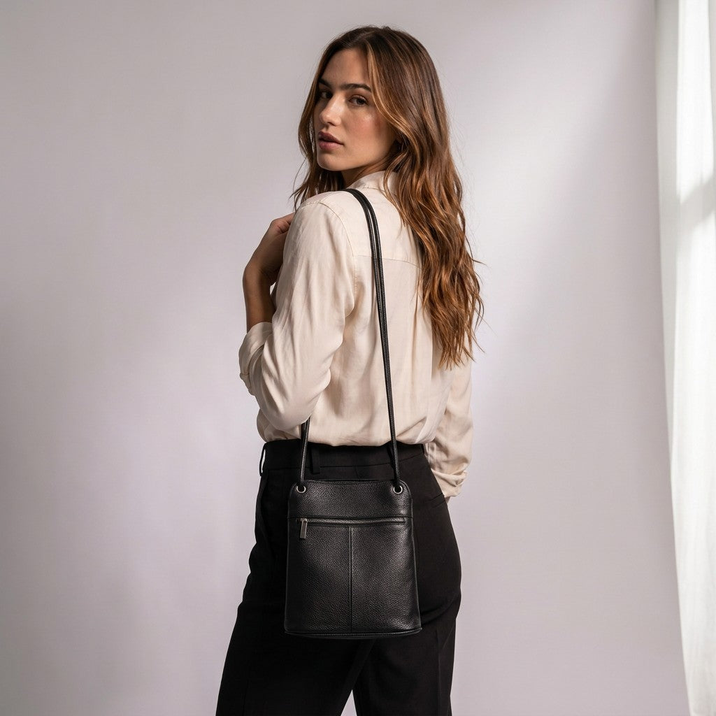 Model looking over her shoulder with the Solveig bag showing its back zip pocket