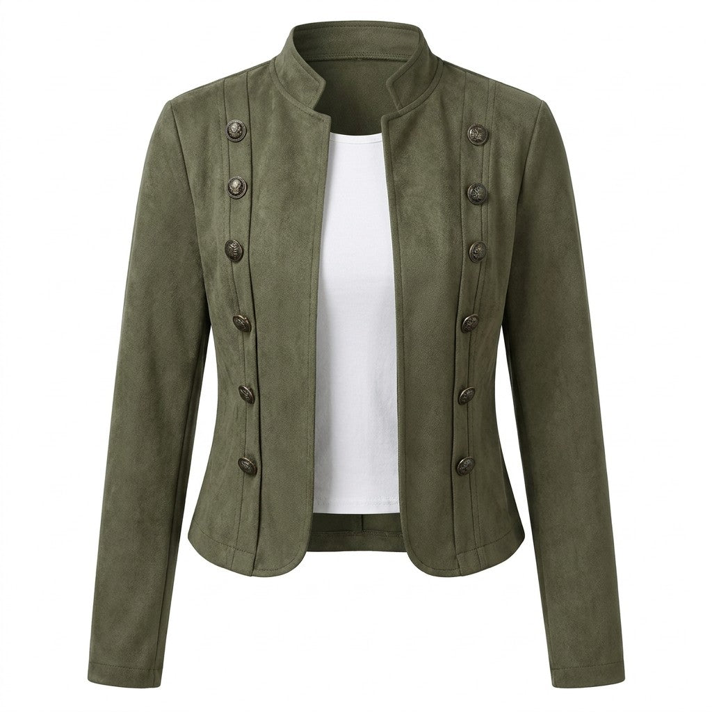 Front view of the Elodie military jacket in army green suede