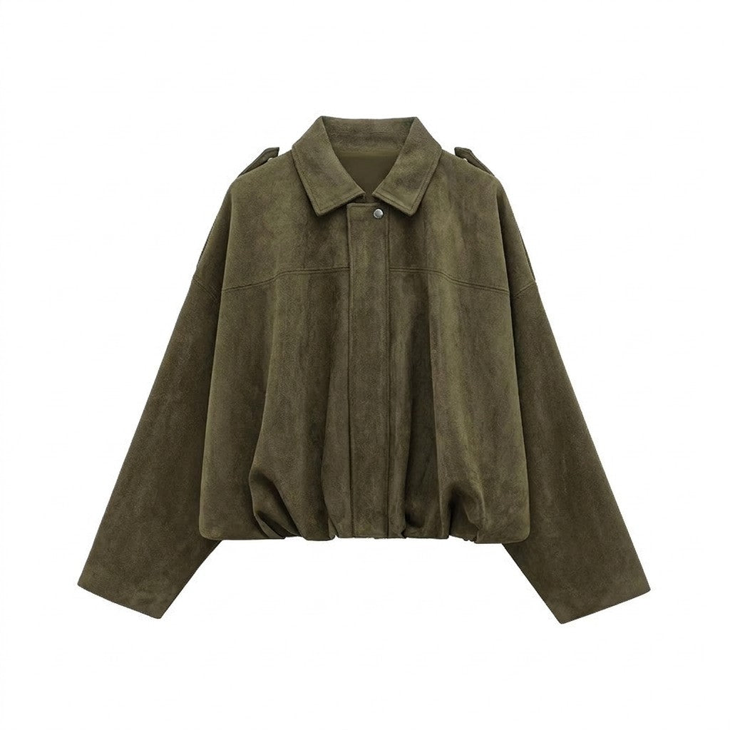 Brisa suede bomber jacket in Army Green on white, showing epaulettes and chest yoke