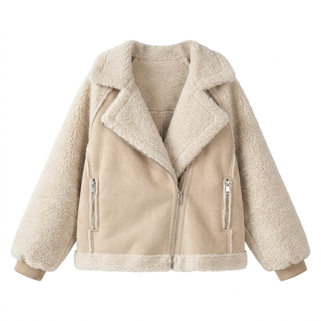 Fenna shearling aviator jacket in Beige on white with asymmetric zip and vertical zip pockets