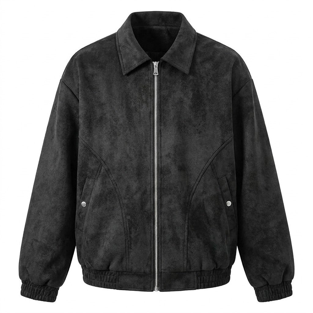 Emeric suede blouson jacket in black, front view showing the silver zip and snap pockets