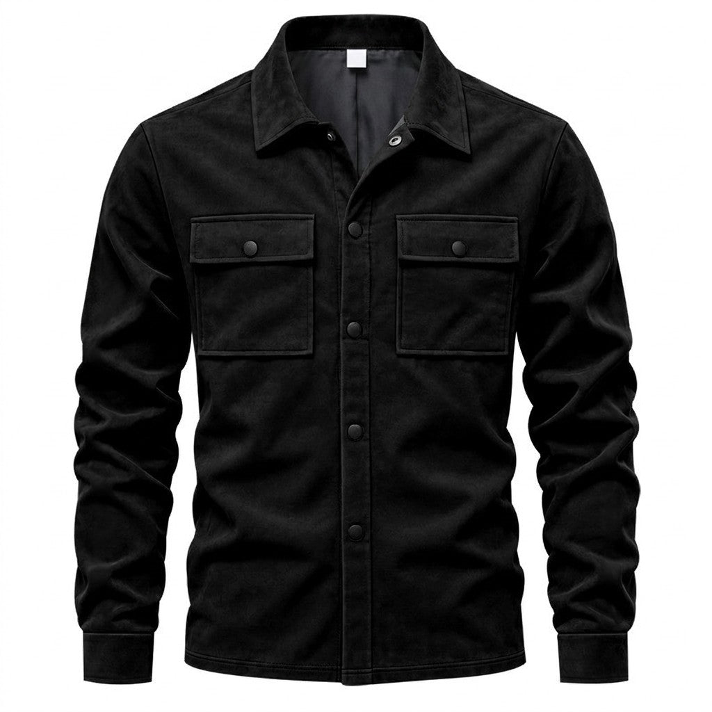 Dorian suede shirt jacket in black, front view showing the snap placket and point collar