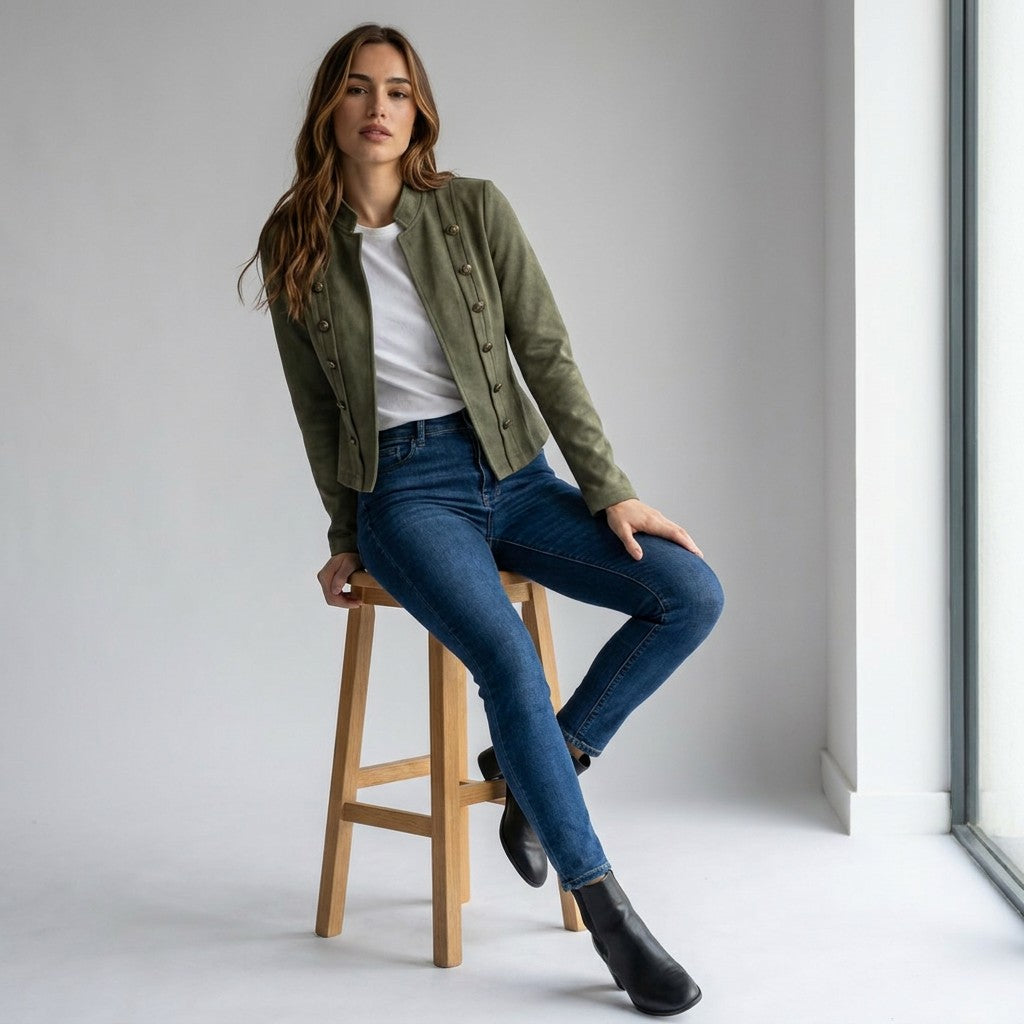 Model seated on a wooden stool in the army green Elodie jacket and jeans