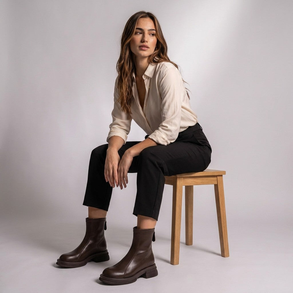 Model seated on a wooden stool wearing brown Liesel chunky heel ankle boots