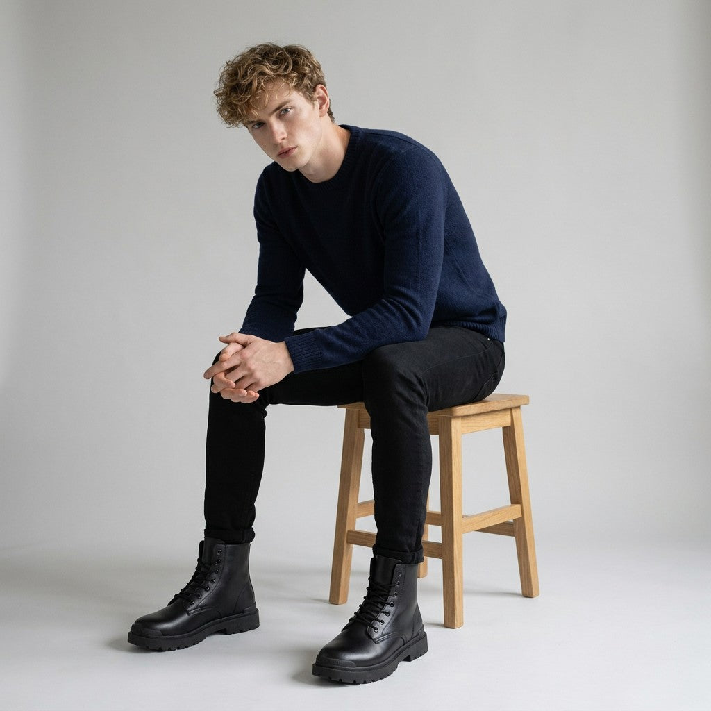 Model seated on a wooden stool wearing Matthis black leather work boots