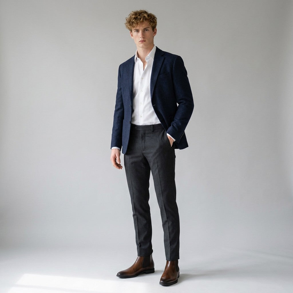 Model in a navy blazer and grey trousers wearing brown Jasper Chelsea boots
