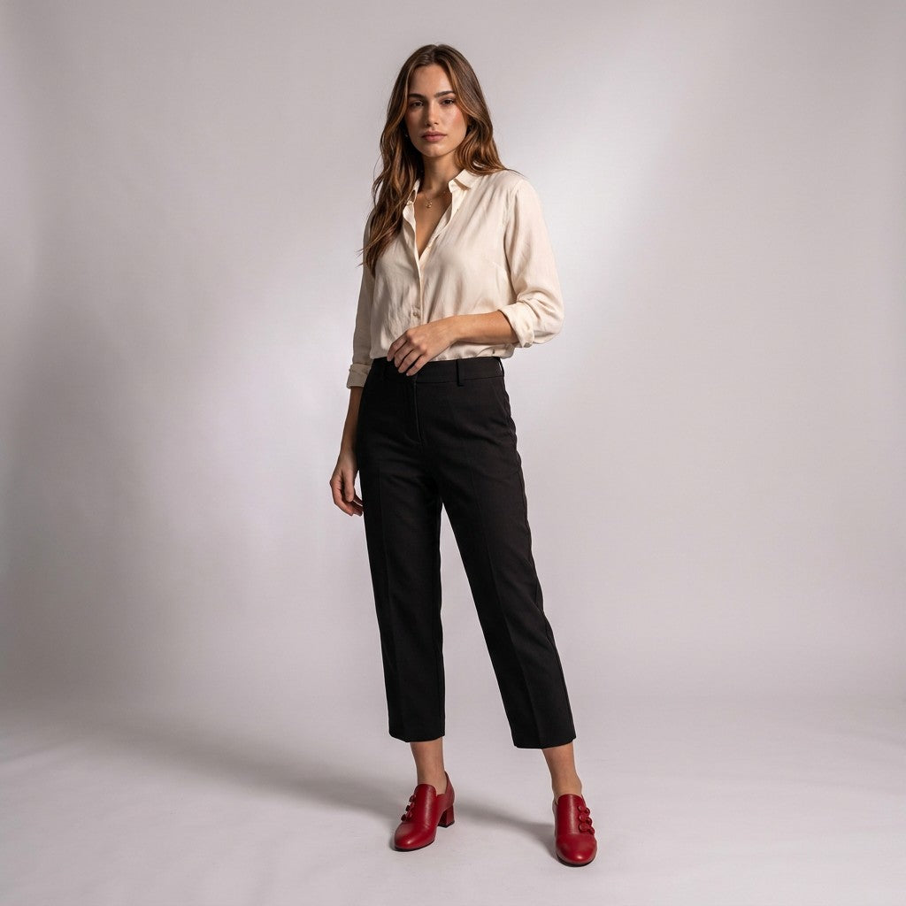 Model in an ivory blouse and cropped trousers wearing red Clemence shoe boots