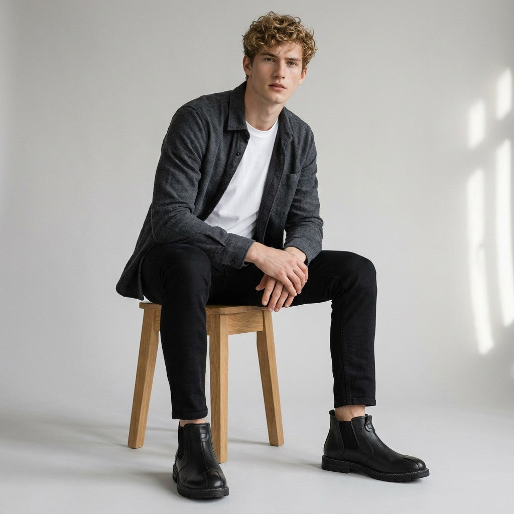 Model seated on a wooden stool wearing black Henrik boots with black jeans