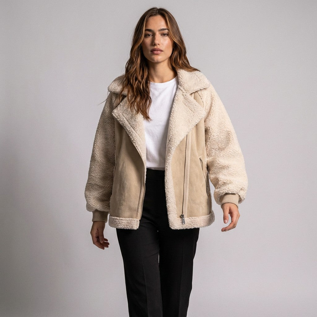 Model in the Beige Fenna jacket showing the wide shearling lapels and rib-knit cuffs