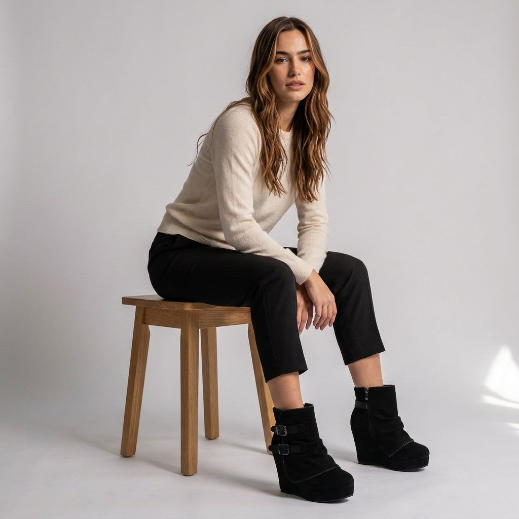 Model seated on a wooden stool wearing black Saskia suede wedge ankle boots