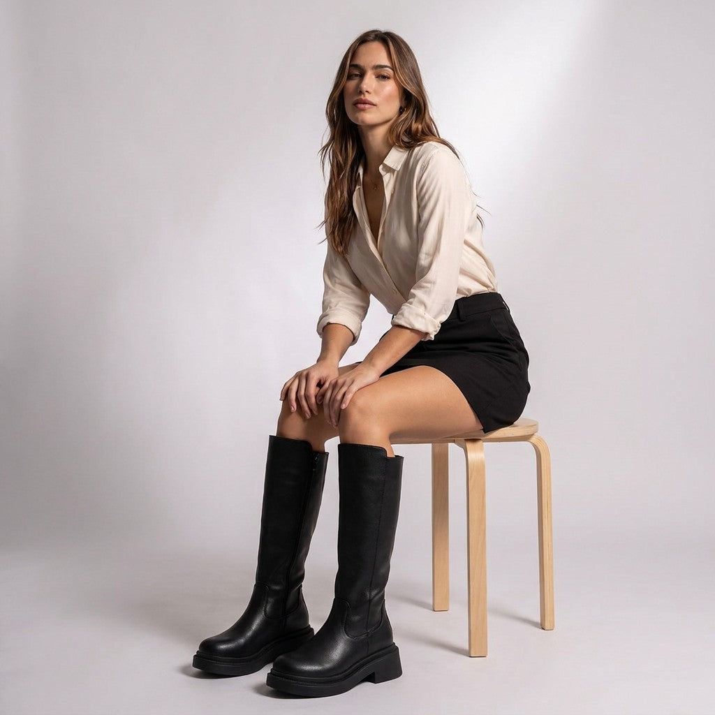 Model seated on a wooden stool wearing black Mirabel chunky knee high boots