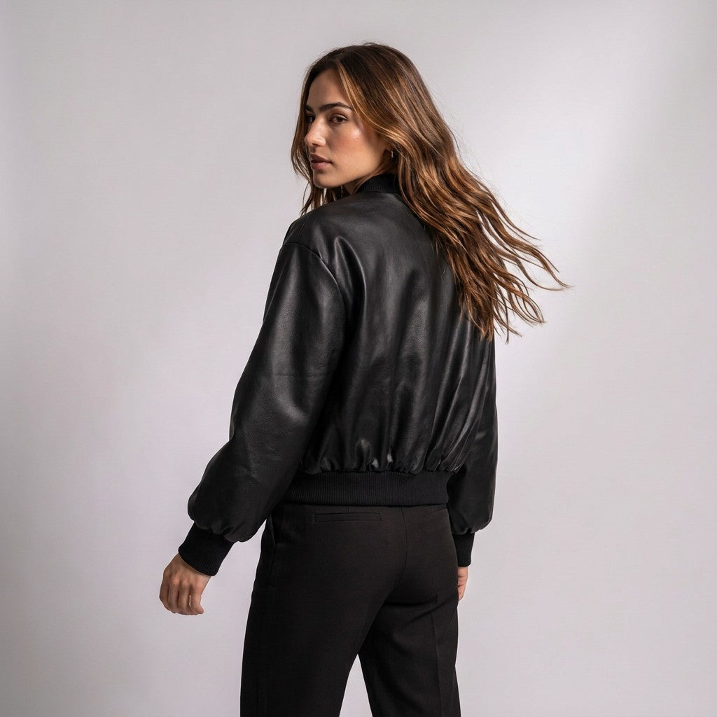 Back view of the Aurelia leather bomber showing the gathered back and ribbed hem, model looking over her shoulder