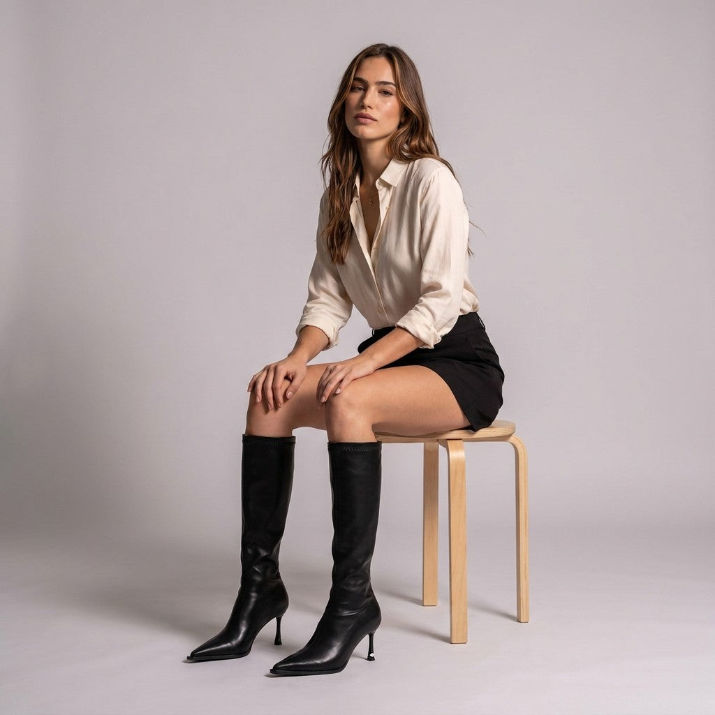 Model seated on a wooden stool wearing black Maribel stiletto boots with a short skirt