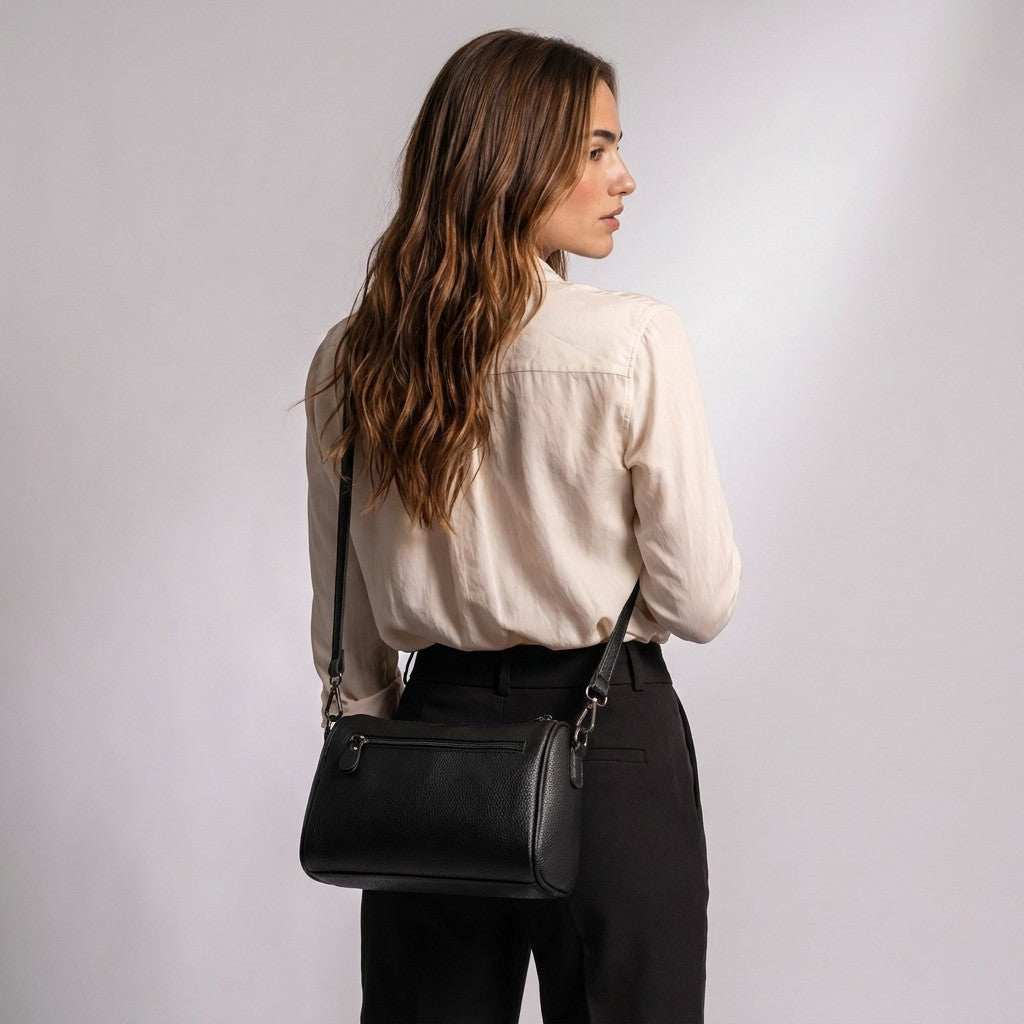 Back view of the Odalys bag worn by the model, showing the rear zip pocket
