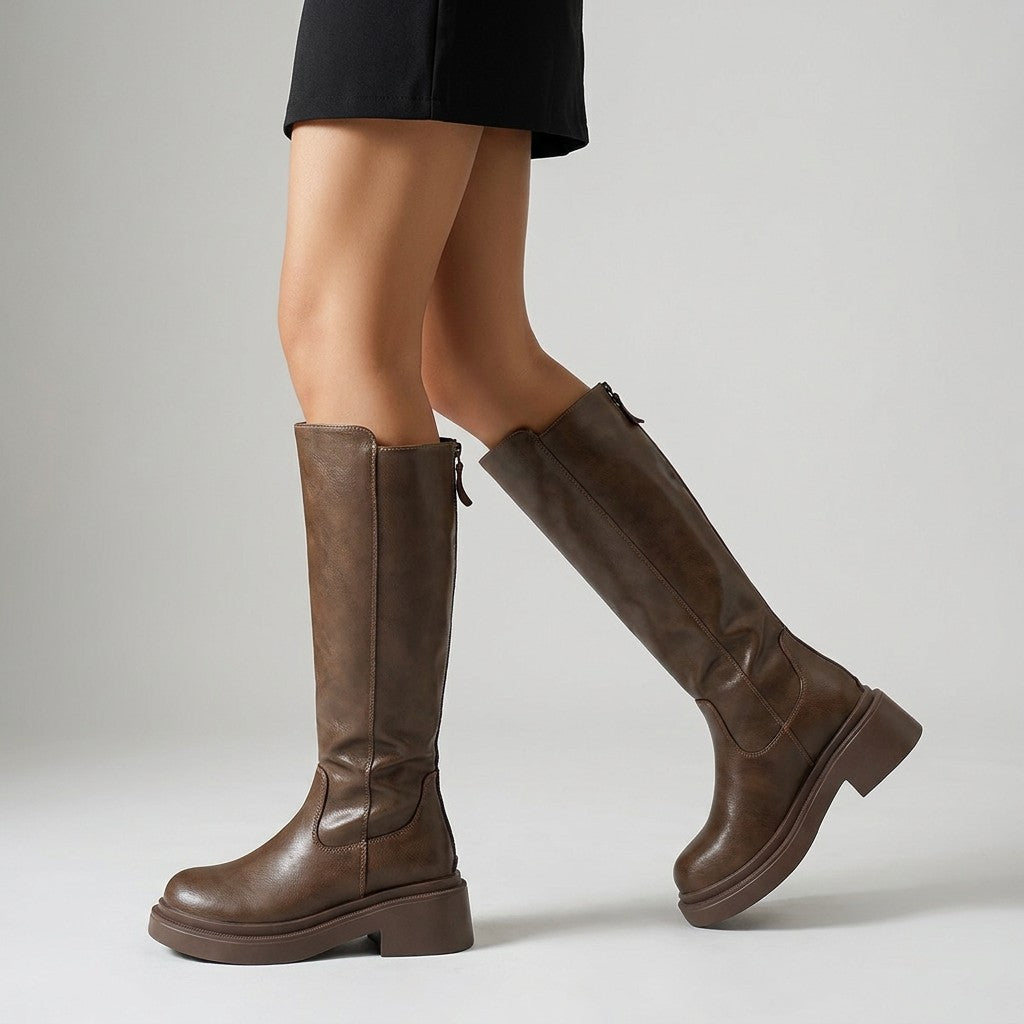 Brown Mirabel boots mid-stride, side view of the riding-style shaft and block heel