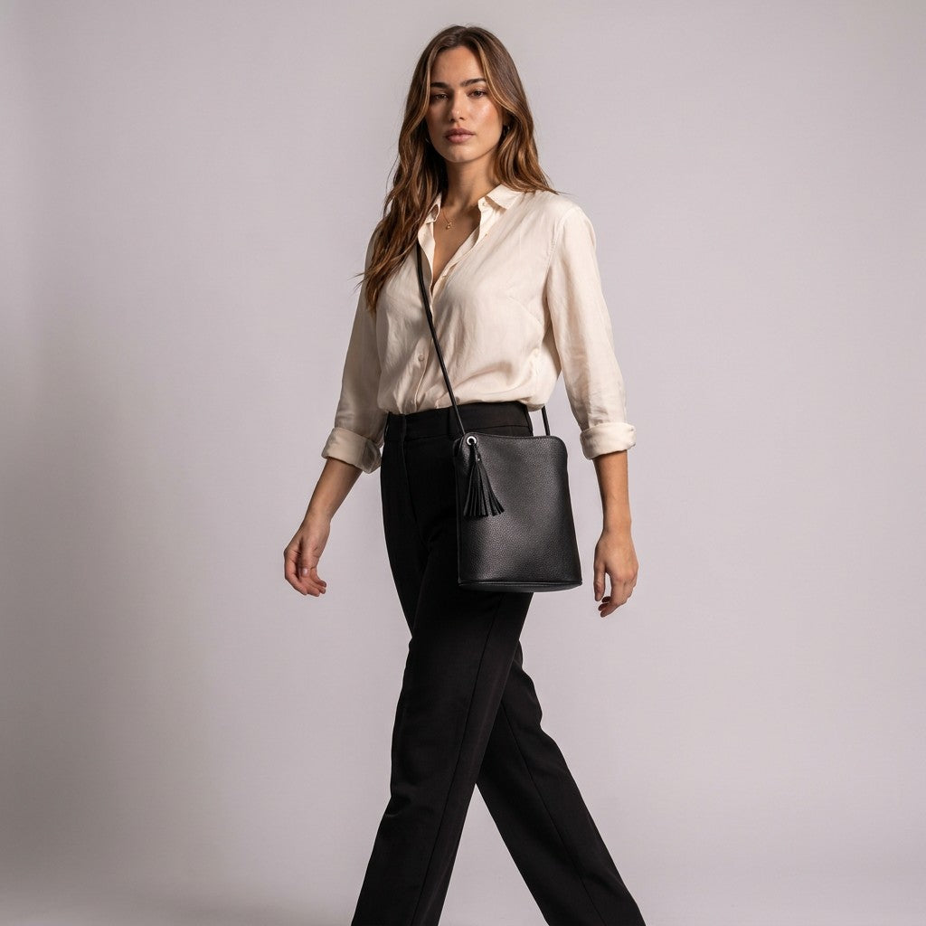 Model walking with the black Solveig crossbody bag on its long cord strap