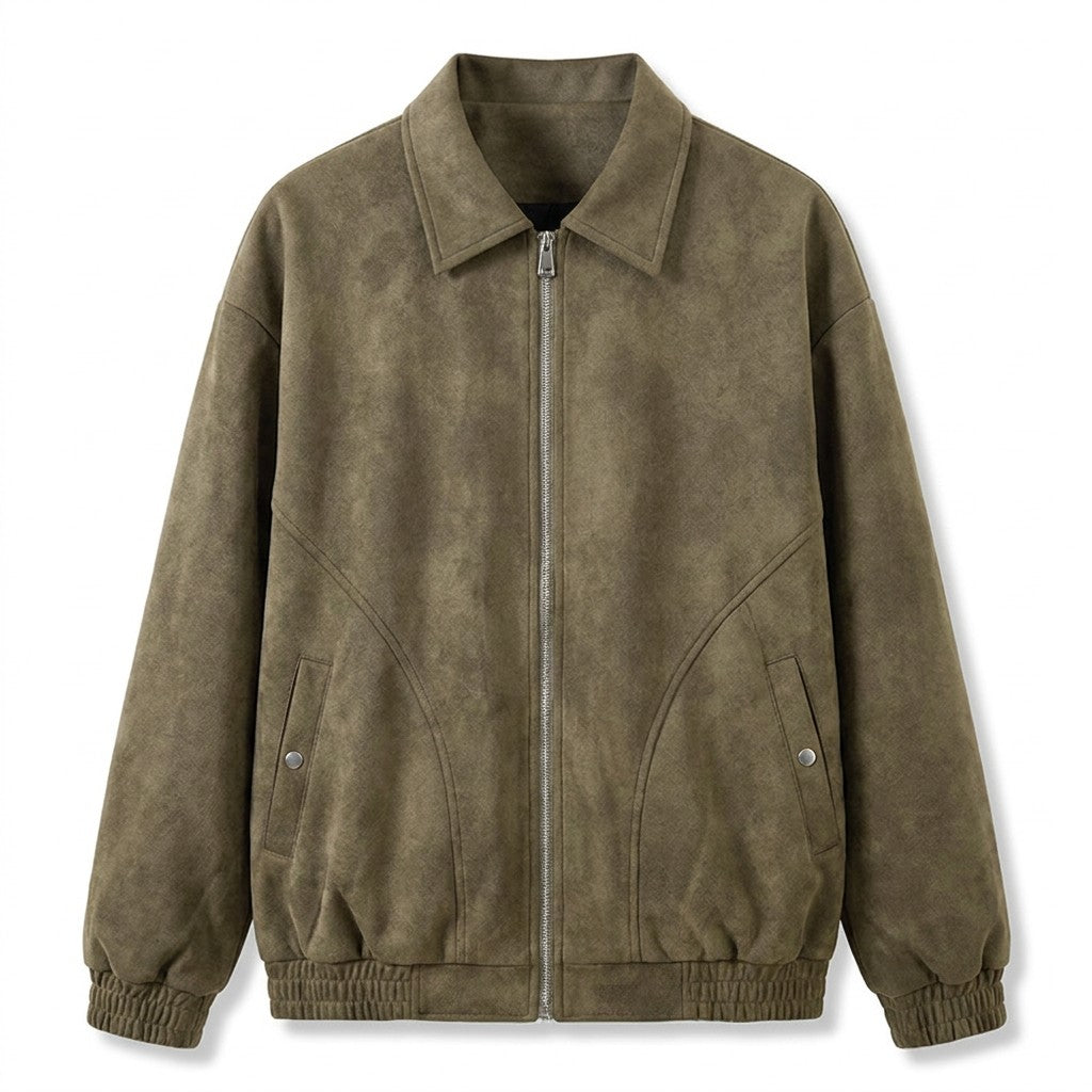 Emeric suede blouson jacket in olive brown, front view on white with elasticated cuffs