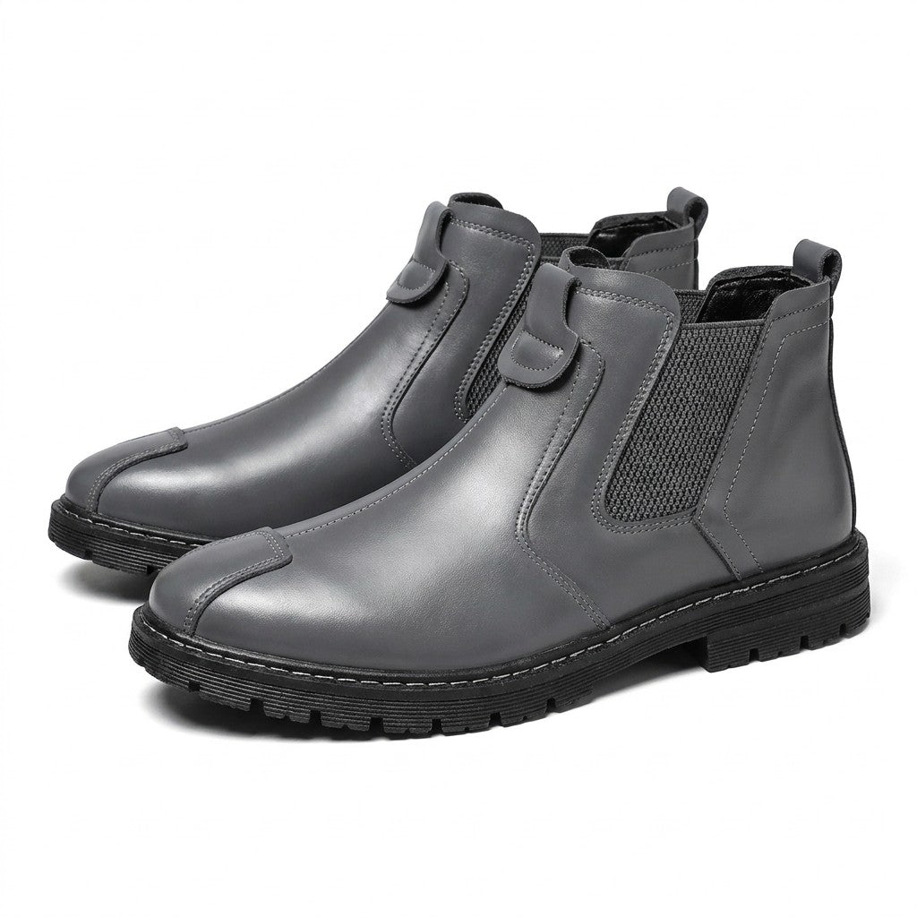 Pair of grey Henrik leather Chelsea boots on white with heathered elastic gusset