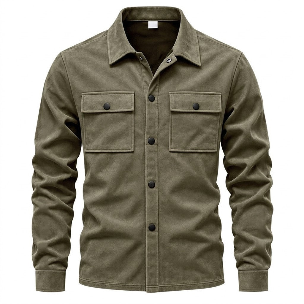 Dorian suede shirt jacket in olive green, front view on white with straight hem