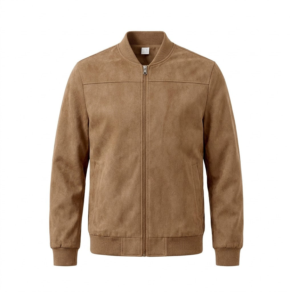 Corvin suede bomber jacket in tan, front view on white with tonal ribbed cuffs and hem