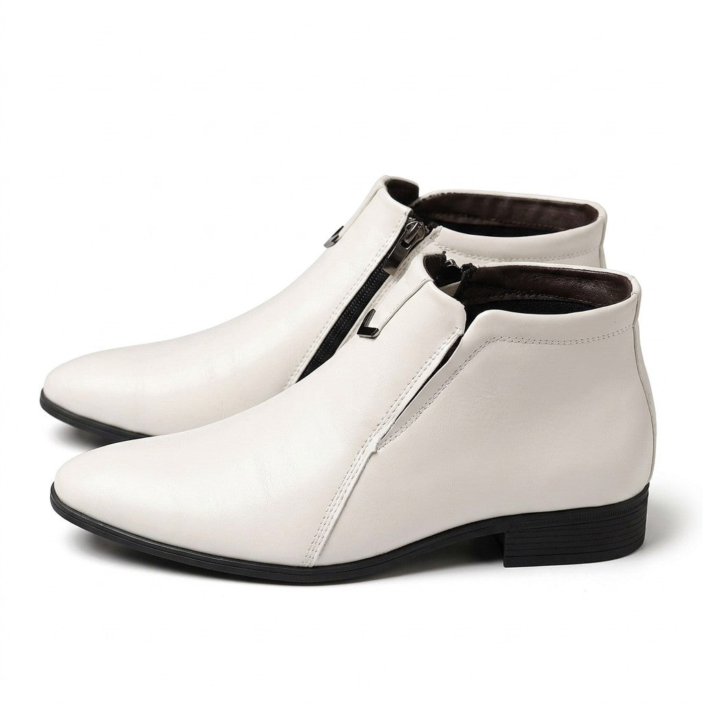 Pair of white Ivo leather dress ankle boots on white with black inside zip and heel