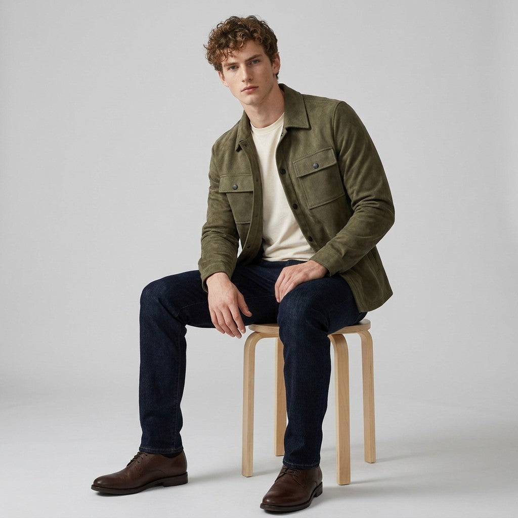 Model seated on a wooden stool wearing the olive Dorian overshirt open with dark jeans