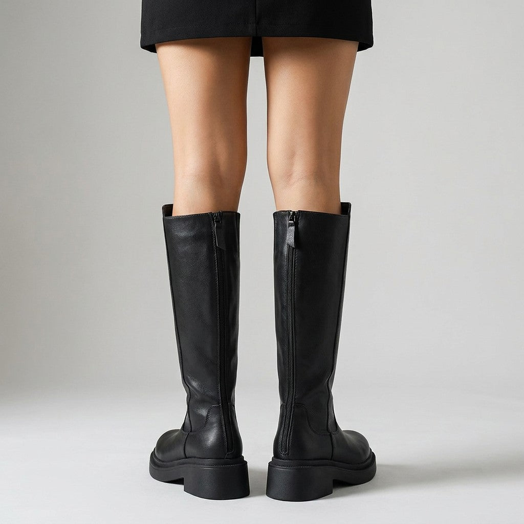 Back view of black Mirabel boots with zip pull tabs and platform heels