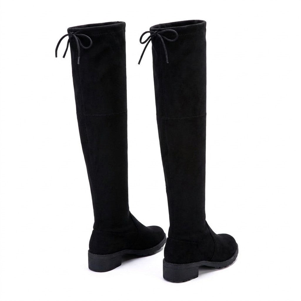 Oriane black suede over-the-knee boots from behind on white, back drawstrings and seams