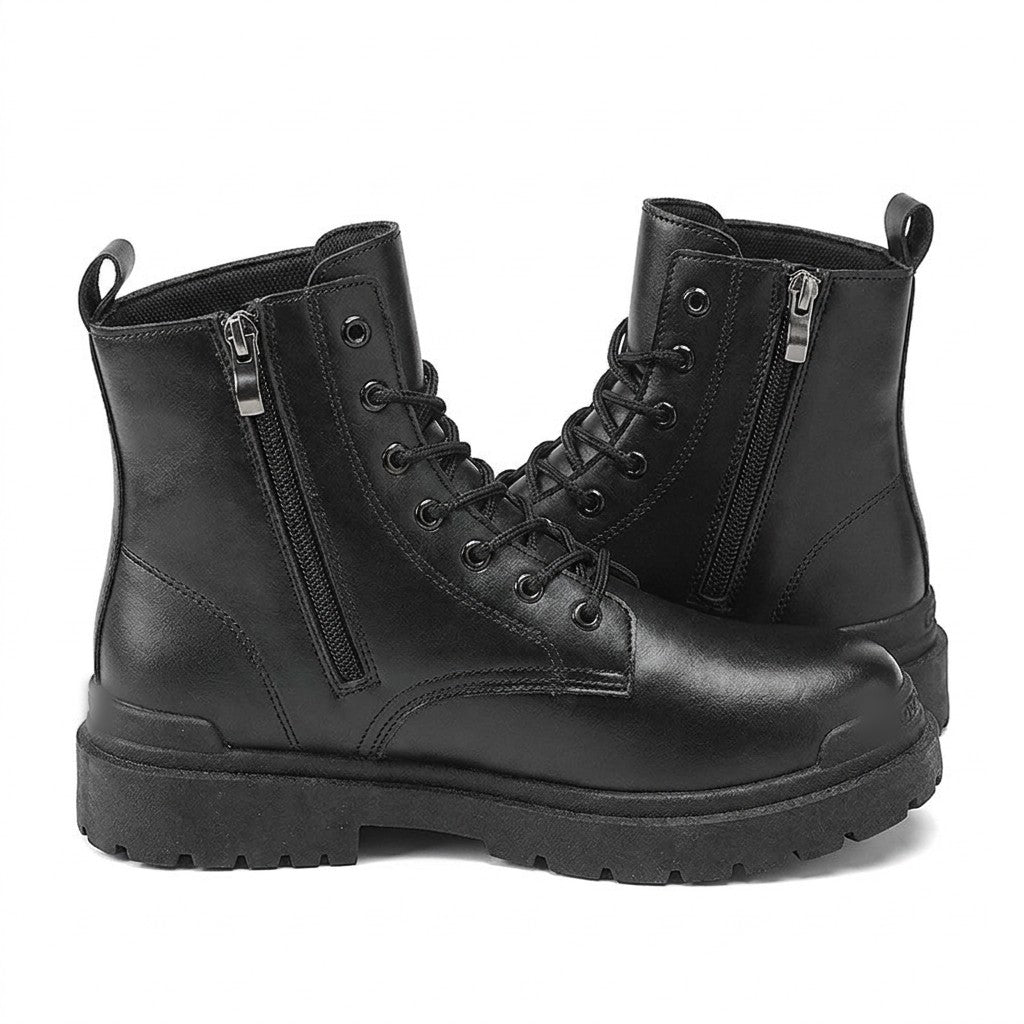 Inner side of the Matthis boots showing the vertical side zip and silver puller