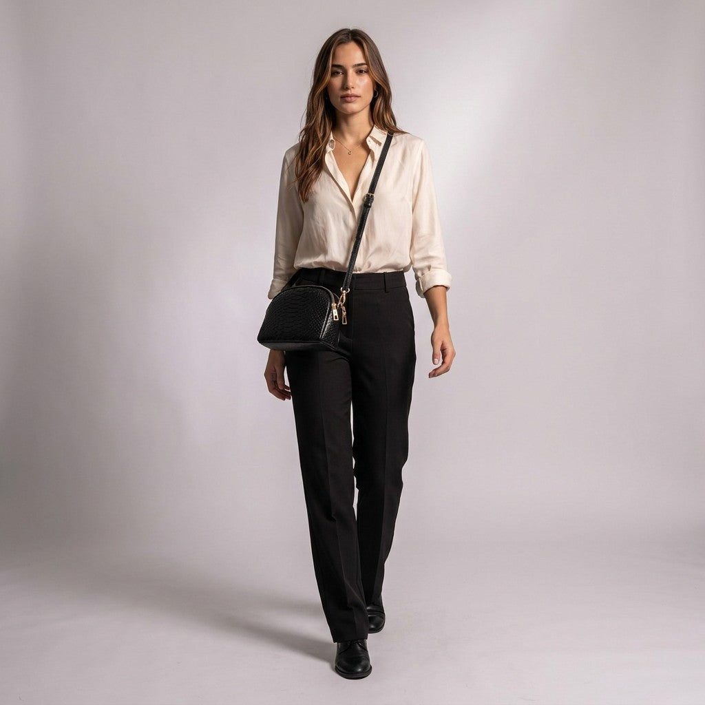 Model walking in the studio with the black Isaure leather crossbody bag at her hip