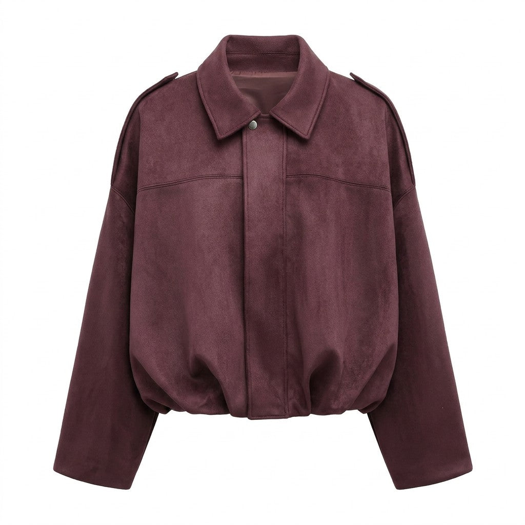 Brisa suede bomber jacket in Burgundy on white with dropped shoulders and wide sleeves