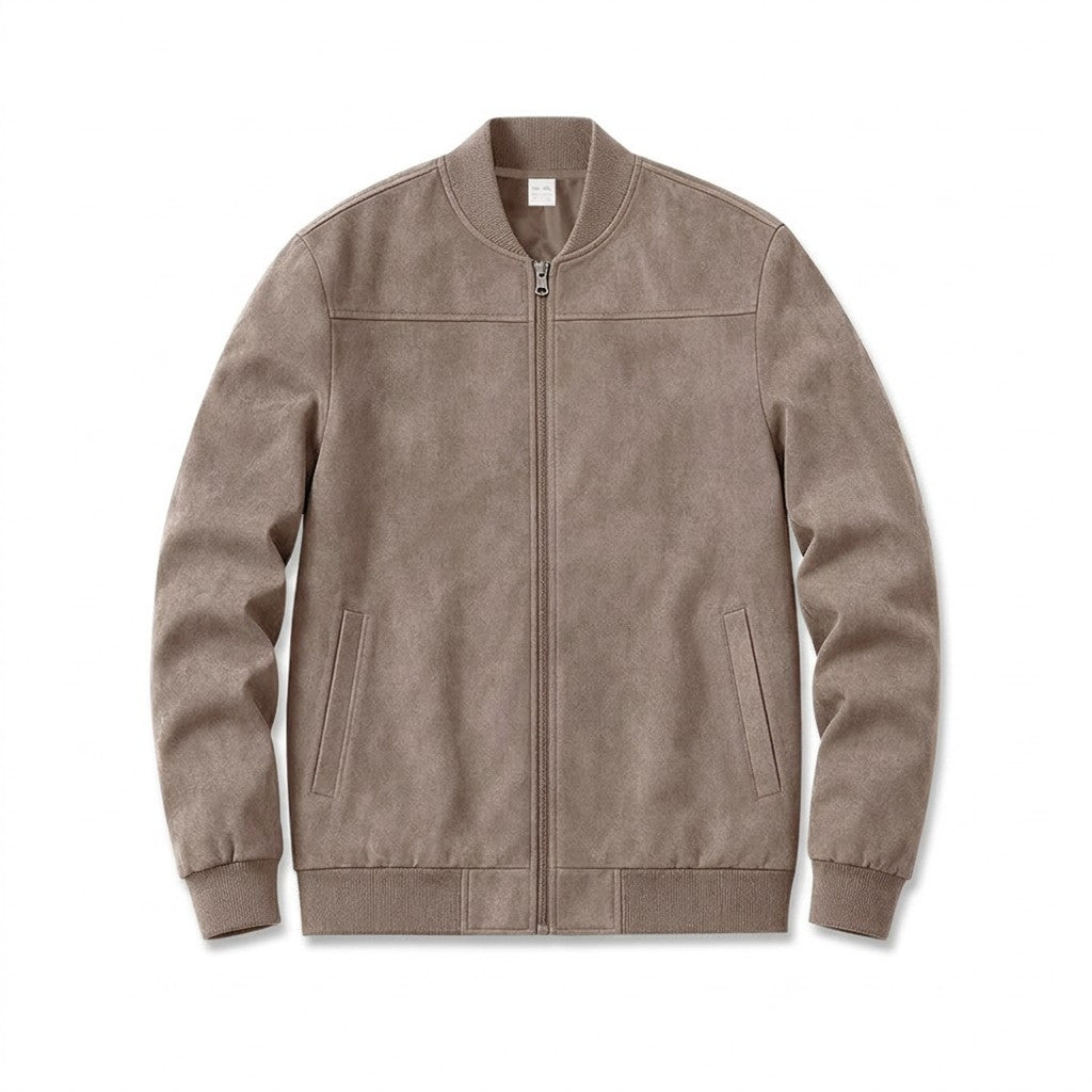 Corvin suede bomber jacket in taupe, front view on white, zipped to the collar