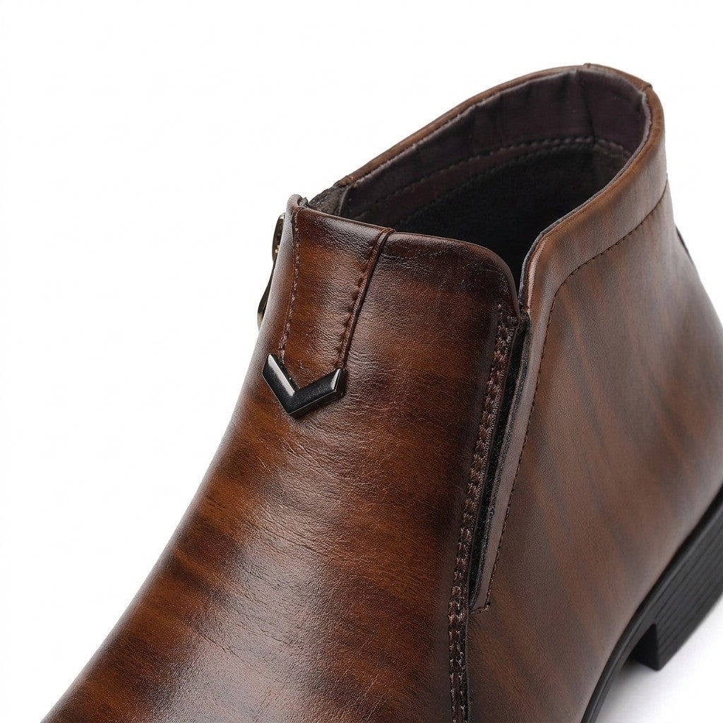 Close-up of the Ivo stitched front strip with metal V chevron and leather-bound collar