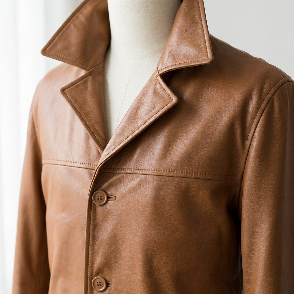 Close-up of the Anselm notched lapel, chest yoke seam and tonal buttons in tan leather